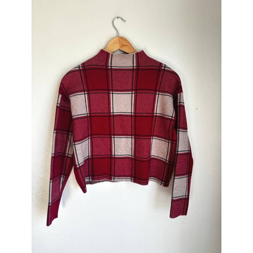 Tahari Womens Red Plaid Mock Neck Sweater Long Sleeve Boxy Knit Top Medium - Picture 1 of 7
